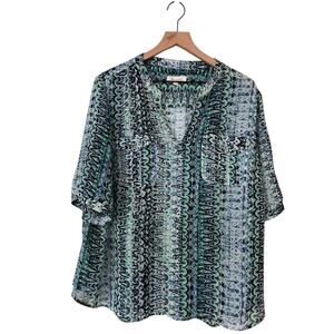 Two by Vince Camuto Green Blue Abstract Semi Sheer Short Sleeve Blouse Size 3X